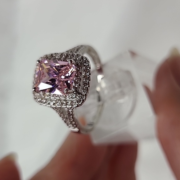 Pink Sapphire Radiant cut (simulated) Sterling Silver Ring - Picture 1 of 10